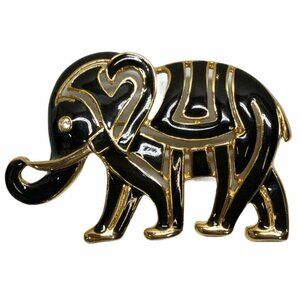 Elephant Brooch Pin Black Enamel Gold Color Figural Alloy Tribal Costume Jewelry